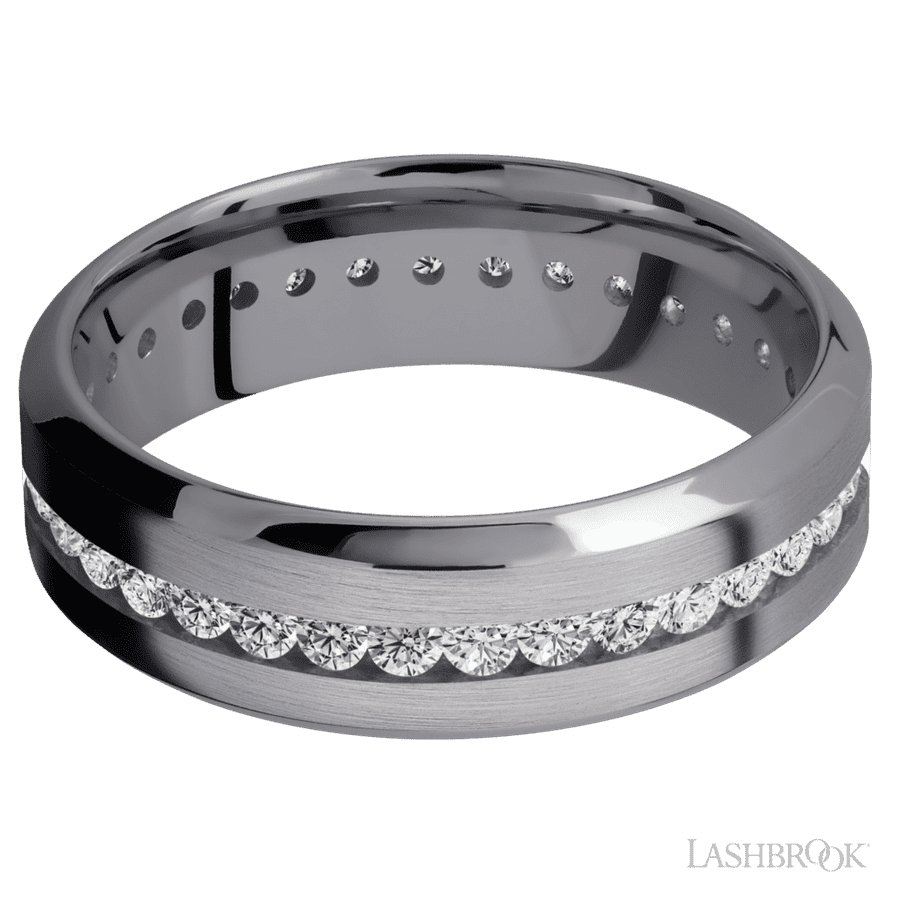 7 mm wide/High Bevel/Tantalum band with an Eternity arrangement of .03 carat Round Lab Grown Diamond stones in a Channel setting. view 3