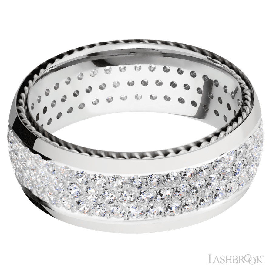 8 mm wide/Domed/14K White Gold band with  two 1 mm Sidebraid inlays of 14K White Gold and featuring a 3 Row Eternity arrangement of .015 carat Round Diamond stones in a Bead Channel setting view 3