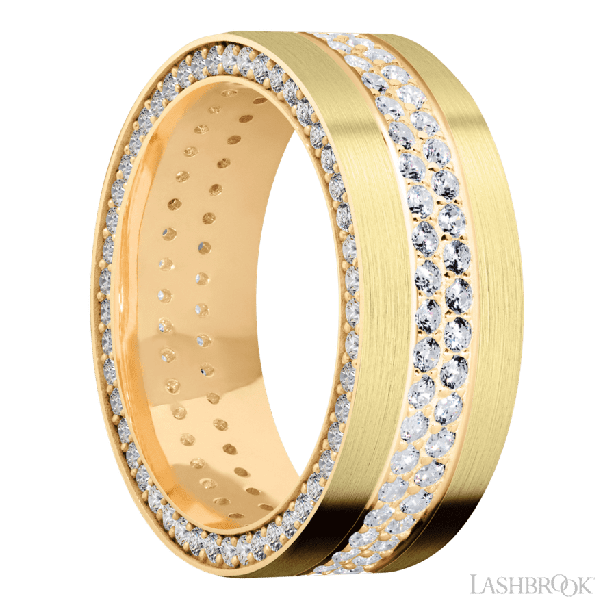 8 mm wide/Flat/14K Yellow Gold band with a Side Eternity arrangement of .01 carat Round Diamond stones in a Bead Channel setting and featuring a a 2 Row Eternity arrangement of .015 carat Round Diamond stones in a Bead Channel setting view 2