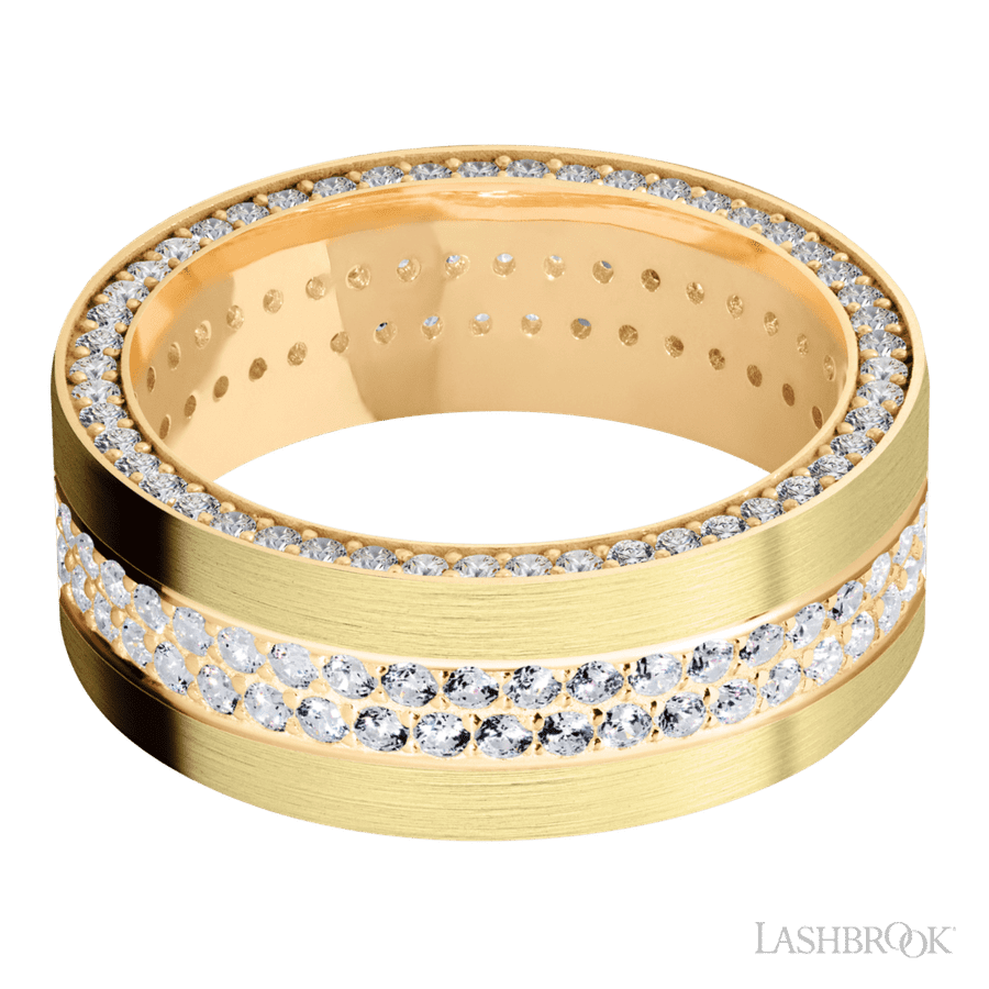 8 mm wide/Flat/14K Yellow Gold band with a Side Eternity arrangement of .01 carat Round Diamond stones in a Bead Channel setting and featuring a a 2 Row Eternity arrangement of .015 carat Round Diamond stones in a Bead Channel setting view 3