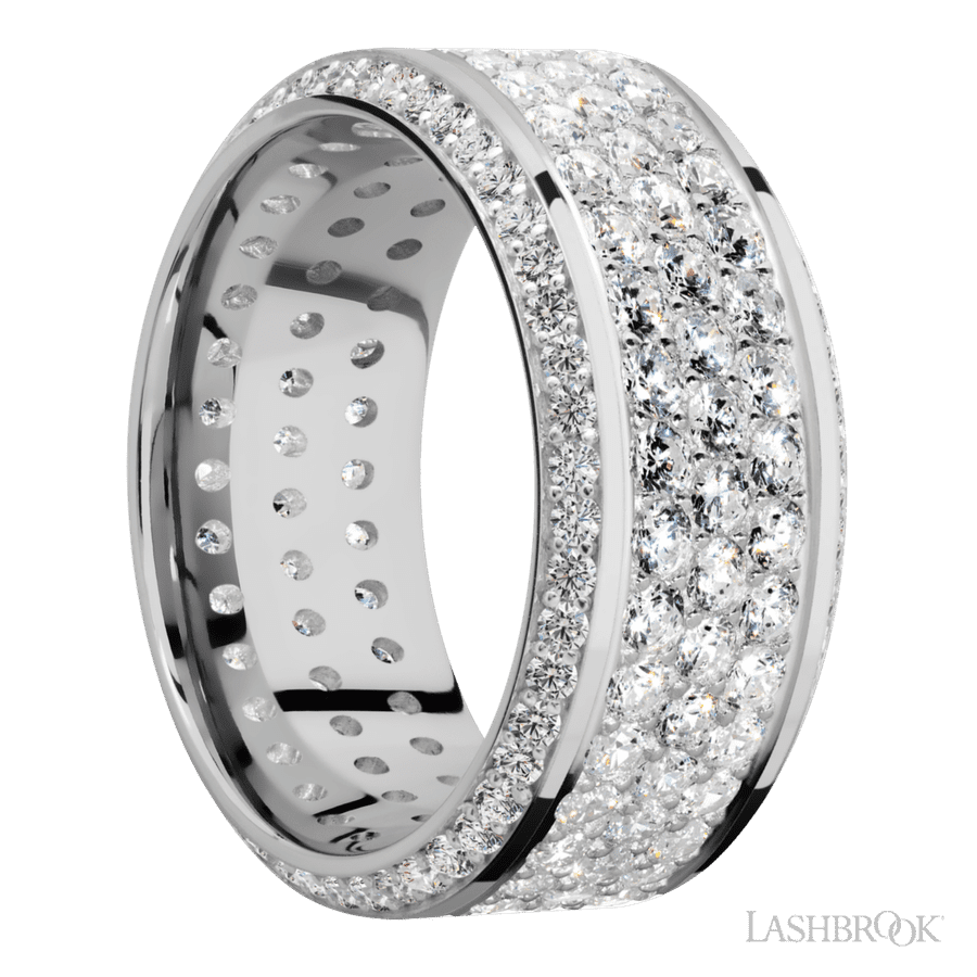 10 mm wide/High Bevel/14K White Gold band with a Bevel Eternity arrangement of .01 carat Round Diamond stones in a Bead setting and featuring a a 3 Row Eternity arrangement of .03 carat Round Diamond stones in a Bead Channel setting view 2