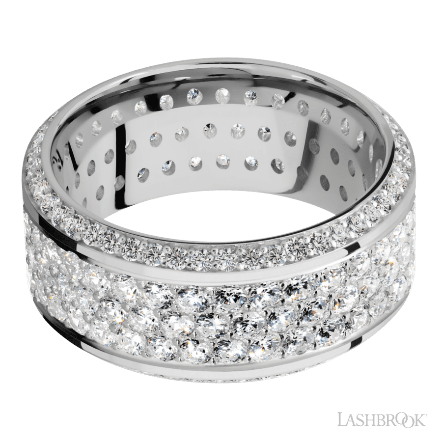 10 mm wide/High Bevel/14K White Gold band with a Bevel Eternity arrangement of .01 carat Round Diamond stones in a Bead setting and featuring a a 3 Row Eternity arrangement of .03 carat Round Diamond stones in a Bead Channel setting view 3