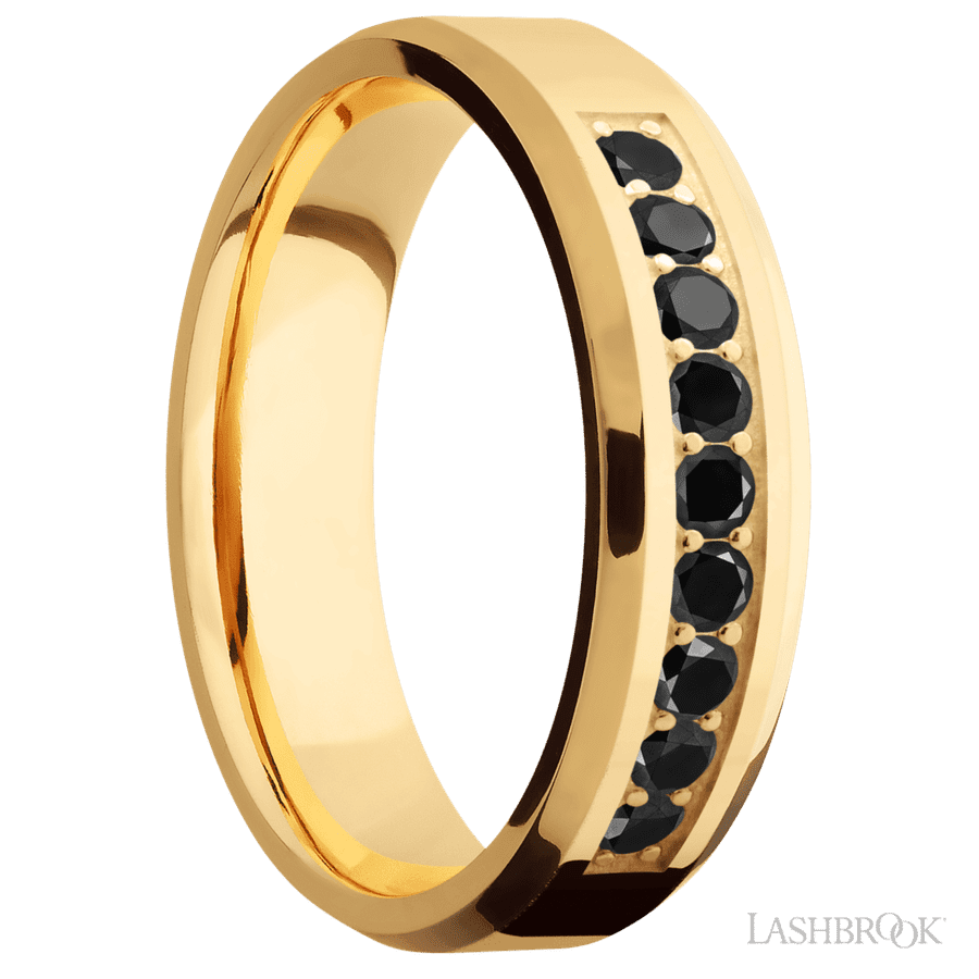 6 mm wide/Beveled/14K Yellow Gold band with an  arrangement of 9, .05 carat Round Black Diamond stones in a Bead Channel setting. view 2