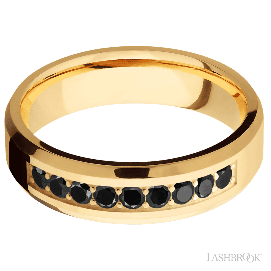 6 mm wide/Beveled/14K Yellow Gold band with an  arrangement of 9, .05 carat Round Black Diamond stones in a Bead Channel setting. view 3