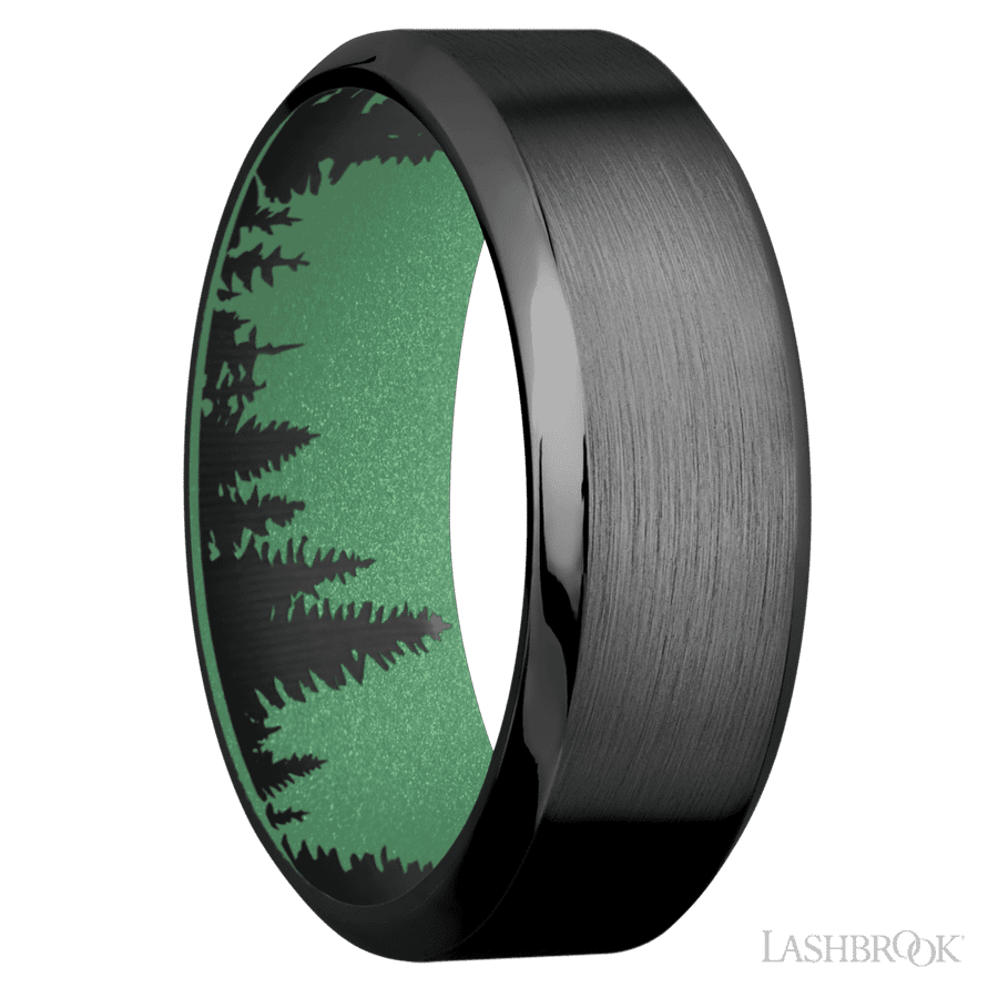 8 mm wide High Bevel Zirconium band featuring a Squatch sleeve. view 2