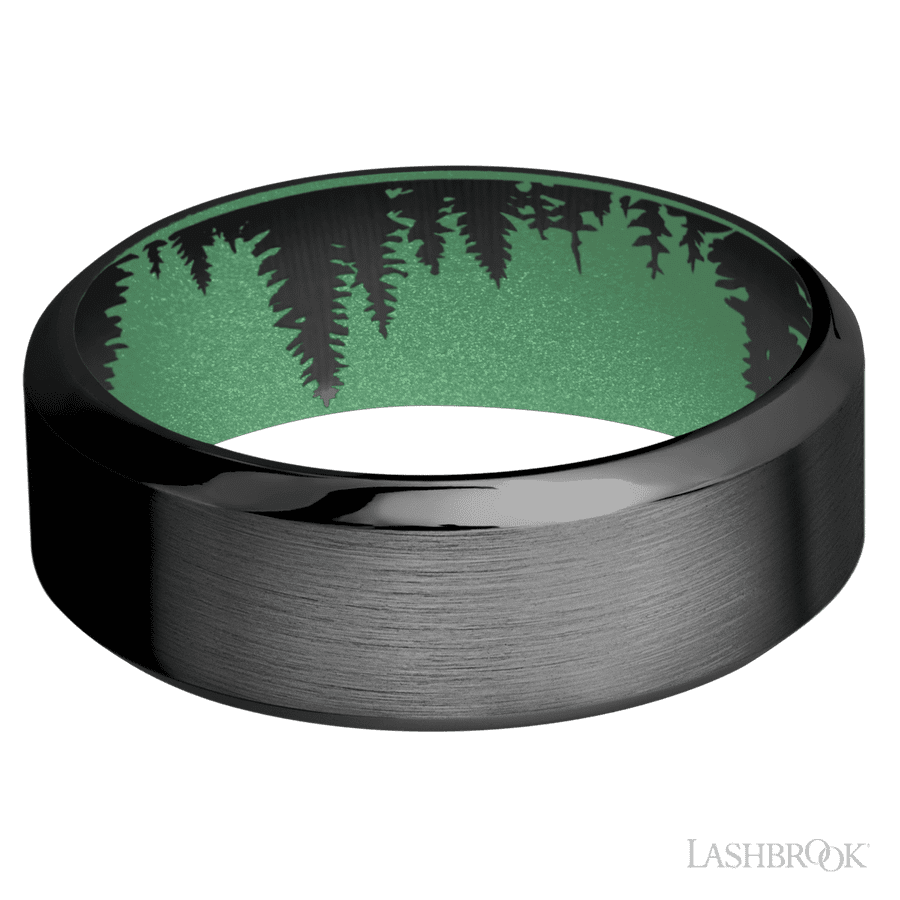 8 mm wide High Bevel Zirconium band featuring a Squatch sleeve. view 3