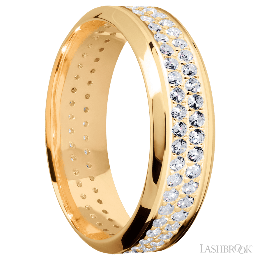 7 mm wide/High Bevel/14K Yellow Gold band with a 2 Row Eternity arrangement of .015 carat Round Diamond stones in a Bead Channel setting. view 2