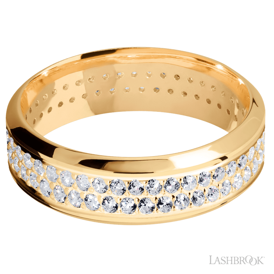 7 mm wide/High Bevel/14K Yellow Gold band with a 2 Row Eternity arrangement of .015 carat Round Diamond stones in a Bead Channel setting. view 3