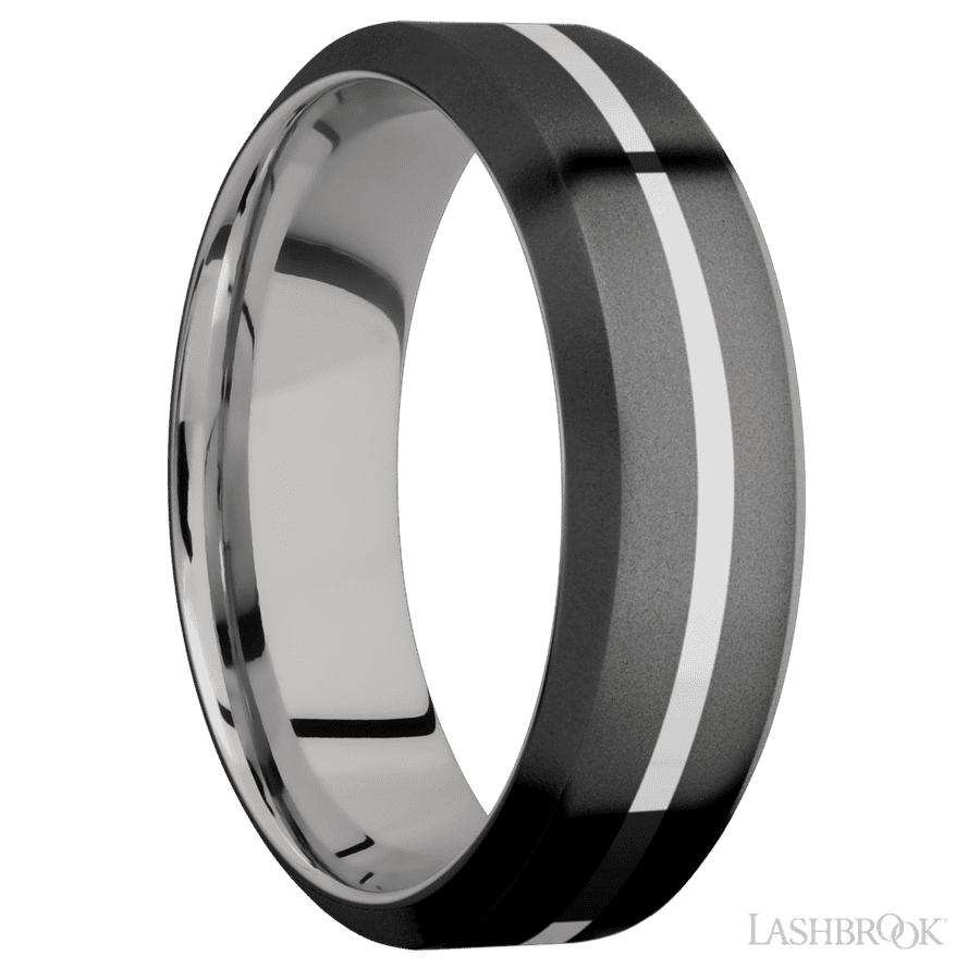 7 mm wide/High Bevel/Zirconium band with one 1 mm Centered inlay of Palladium Silver also featuring a Palladium Silver sleeve. view 2