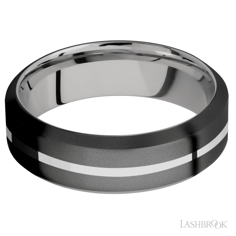 7 mm wide/High Bevel/Zirconium band with one 1 mm Centered inlay of Palladium Silver also featuring a Palladium Silver sleeve. view 3