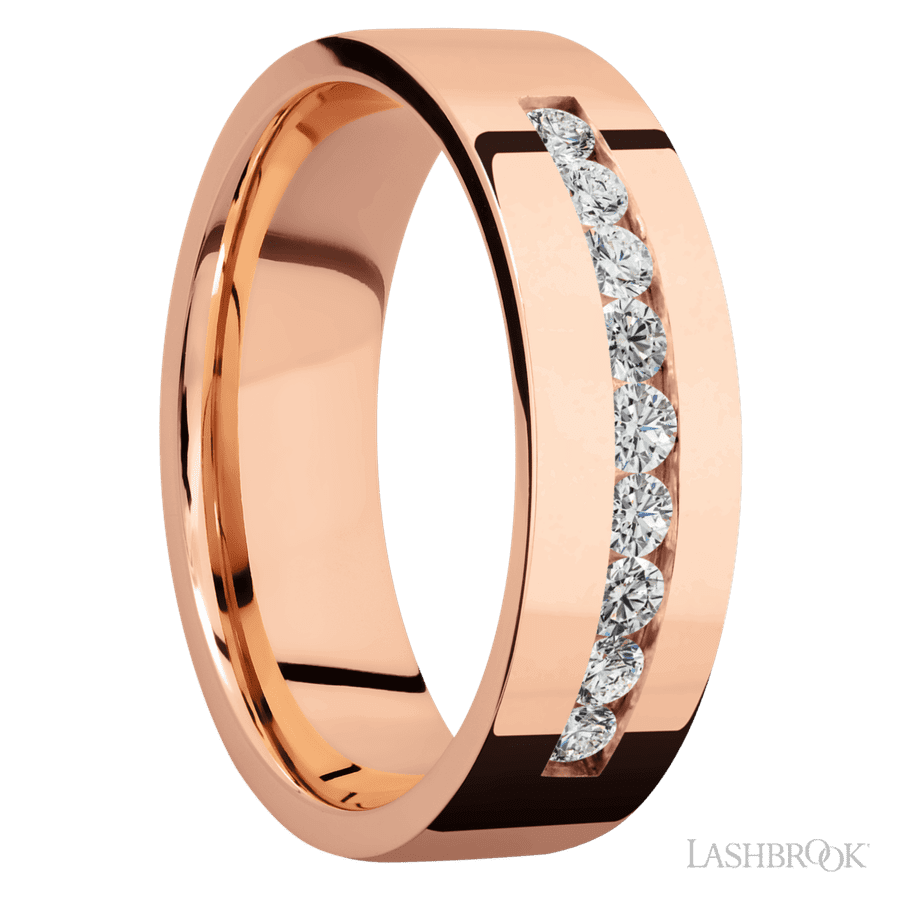 7 mm wide/Flat/14K Rose Gold band with an  arrangement of 9, .05 carat Round Diamond stones in a Channel setting. view 2