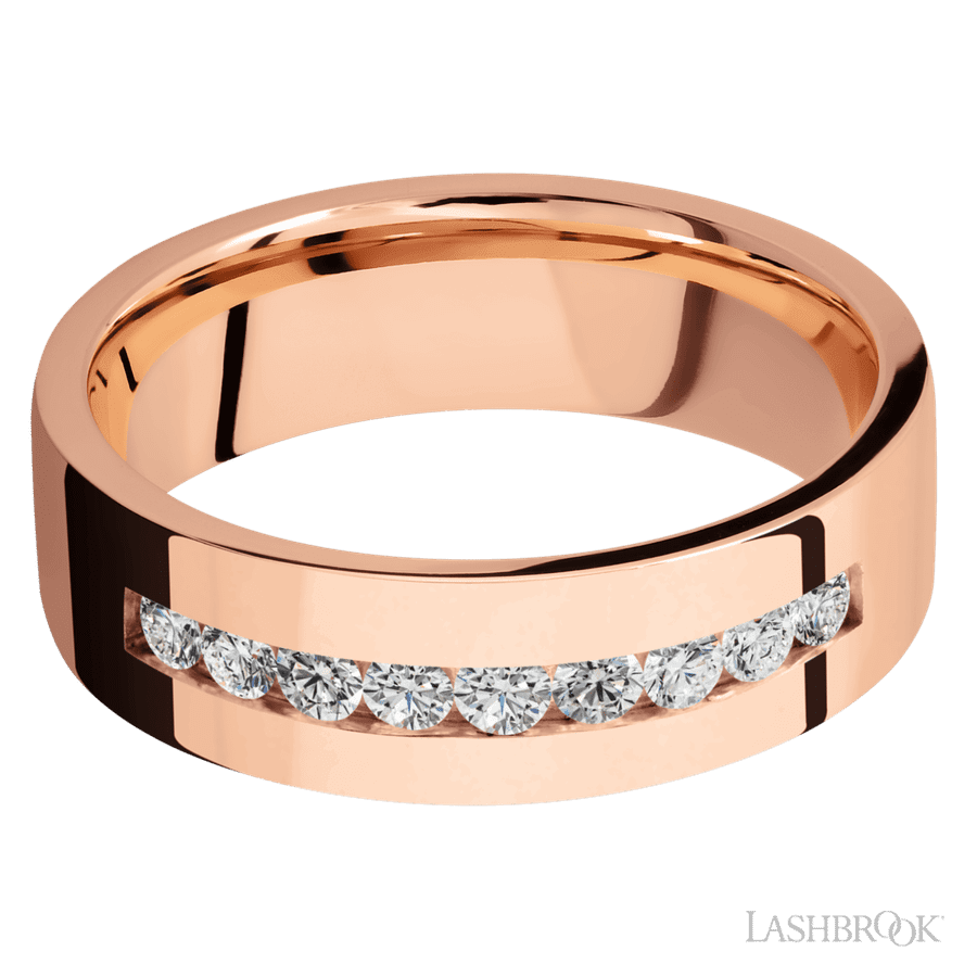 7 mm wide/Flat/14K Rose Gold band with an  arrangement of 9, .05 carat Round Diamond stones in a Channel setting. view 3