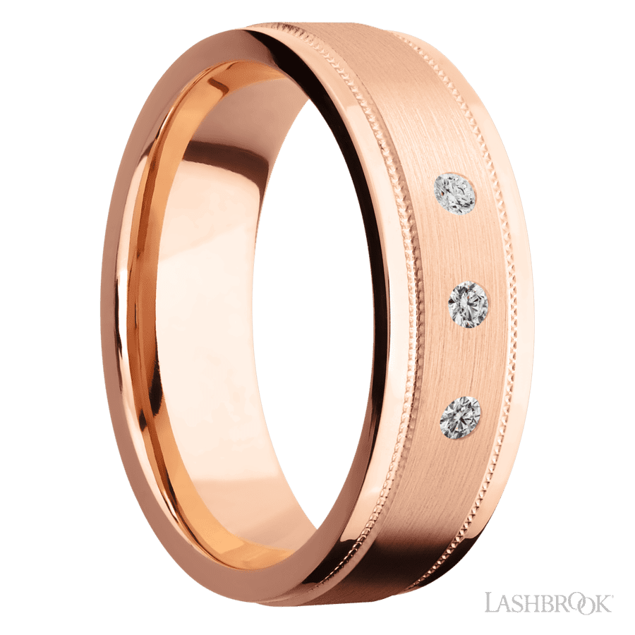 7 mm wide/Flat Stepped Edges Milgrain/14K Rose Gold band with an  arrangement of 3, .03 carat Round Diamond stones in a Flush setting. view 2
