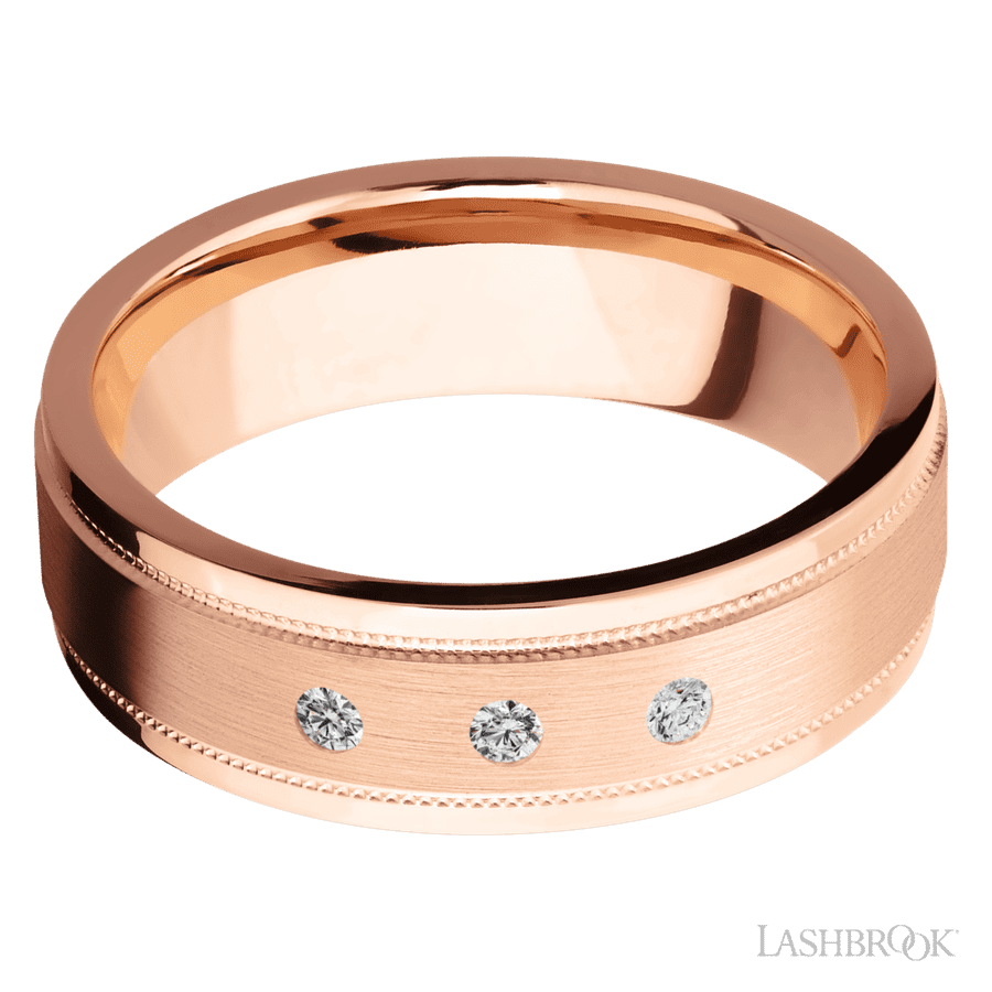 7 mm wide/Flat Stepped Edges Milgrain/14K Rose Gold band with an  arrangement of 3, .03 carat Round Diamond stones in a Flush setting. view 3
