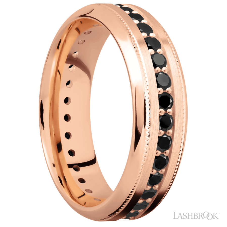 7 mm wide/High Bevel Milgrain/14K Rose Gold band with an Eternity arrangement of .03 carat Round Black Diamond stones in a Bead Channel setting. view 2