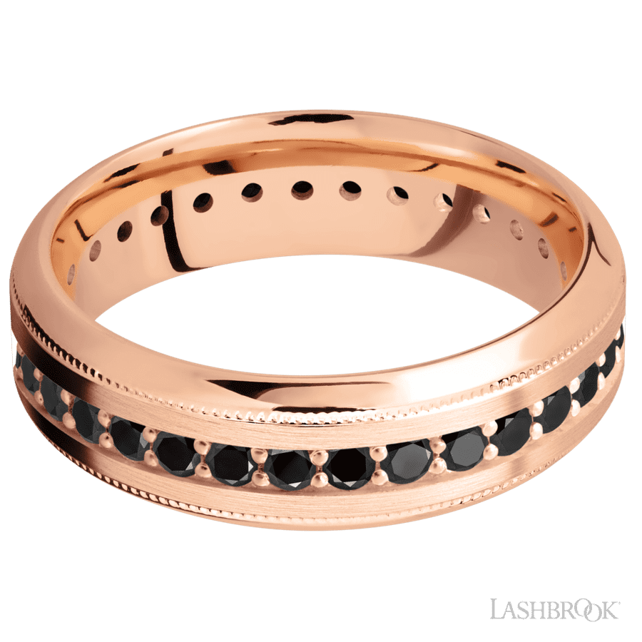 7 mm wide/High Bevel Milgrain/14K Rose Gold band with an Eternity arrangement of .03 carat Round Black Diamond stones in a Bead Channel setting. view 3