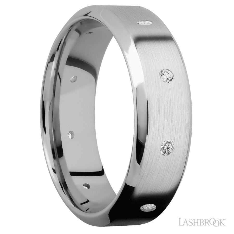 7 mm wide/High Bevel/14K White Gold band with a 9X Even arrangement of .03 carat Round Diamond stones in a Flush setting. view 2