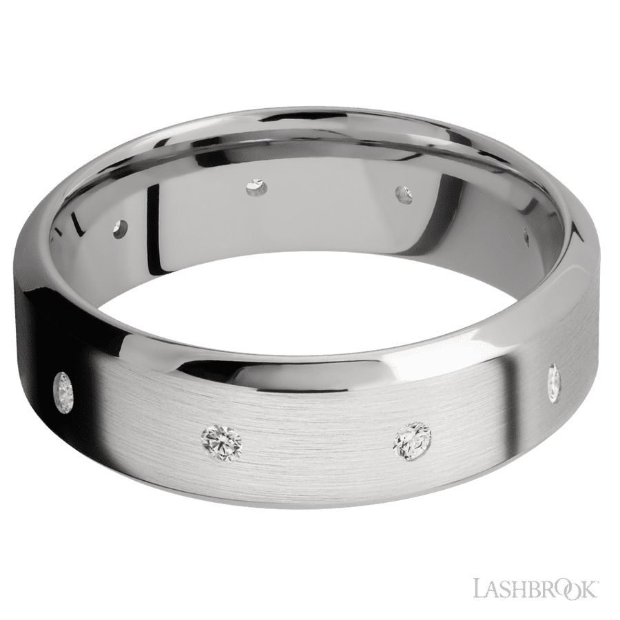 7 mm wide/High Bevel/14K White Gold band with a 9X Even arrangement of .03 carat Round Diamond stones in a Flush setting. view 3