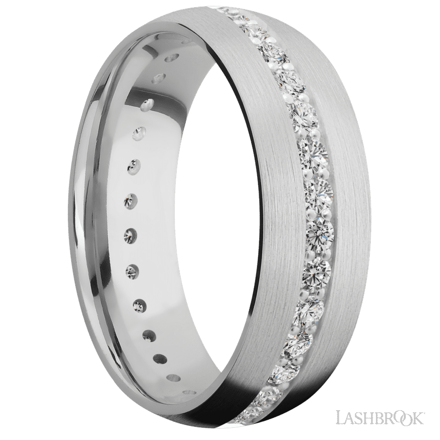 7 mm wide/Domed/14K White Gold band with an Eternity arrangement of .03 carat Round Diamond stones in a Bead Channel setting. view 2