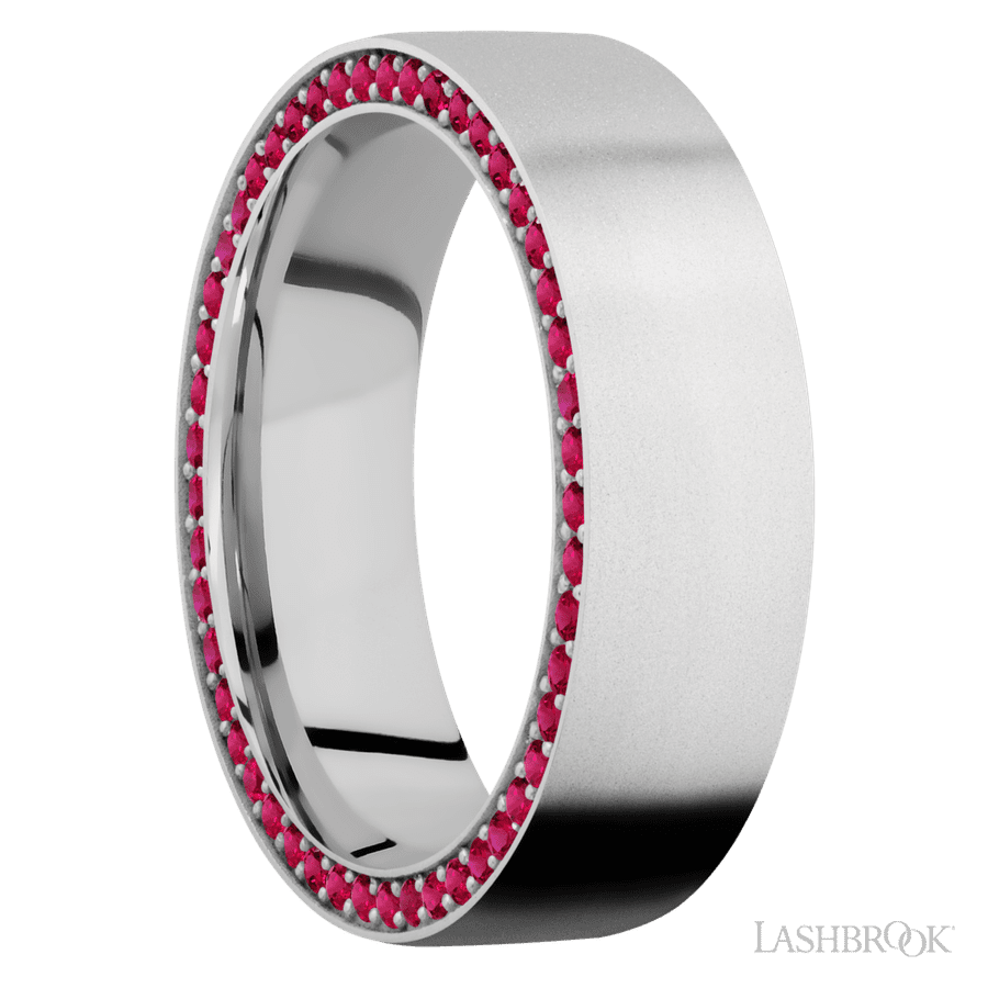 7 mm wide/Flat/14K White Gold band with a Side Eternity arrangement of .01 carat Round Ruby stones in a Bead Channel setting. view 2