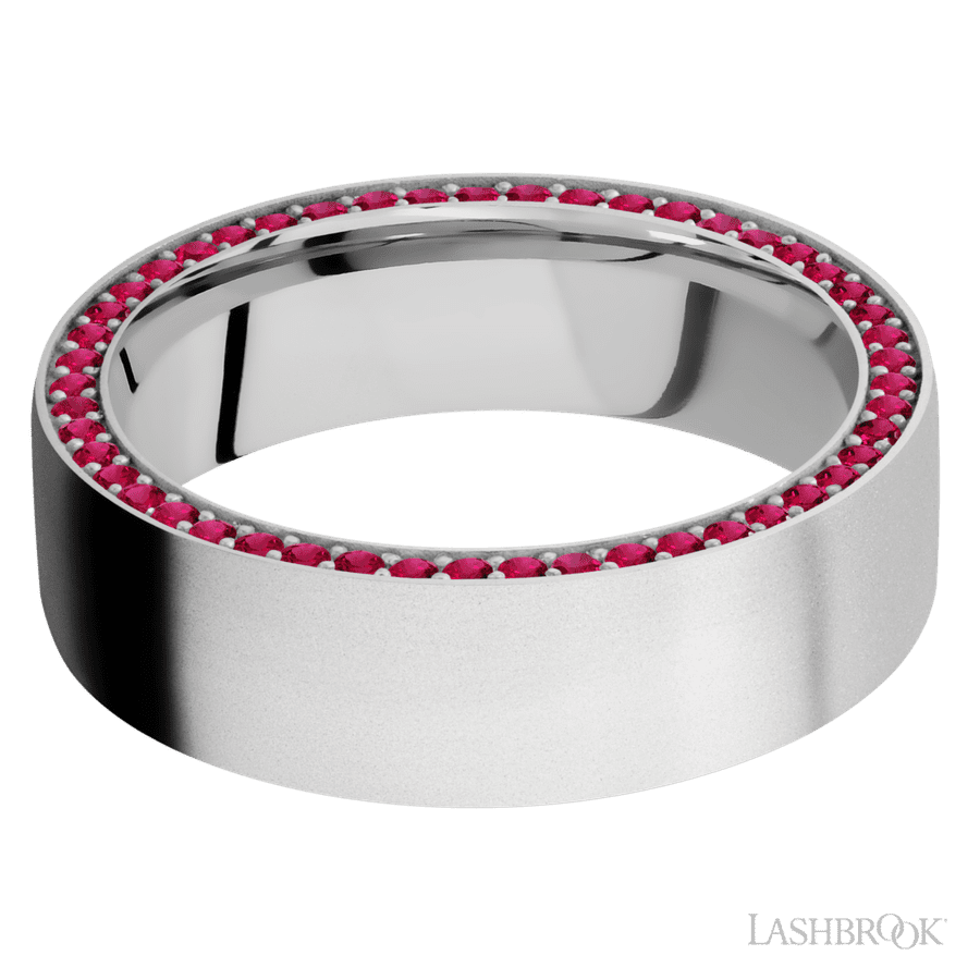 7 mm wide/Flat/14K White Gold band with a Side Eternity arrangement of .01 carat Round Ruby stones in a Bead Channel setting. view 3