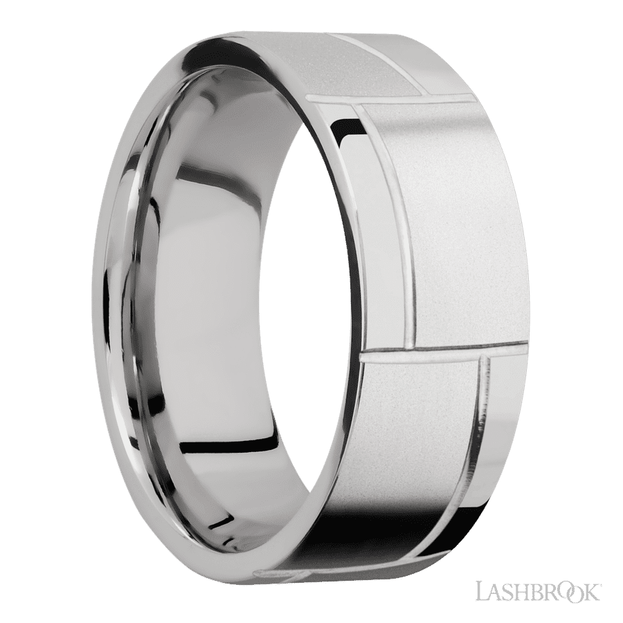 8 mm wide/Flat/14K White Gold band with a machined 3GOCHR pattern. view 2