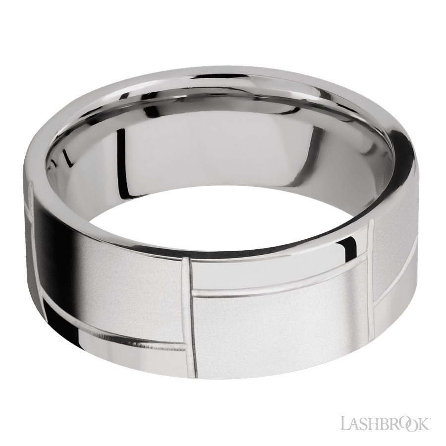8 mm wide/Flat/14K White Gold band with a machined 3GOCHR pattern. view 3