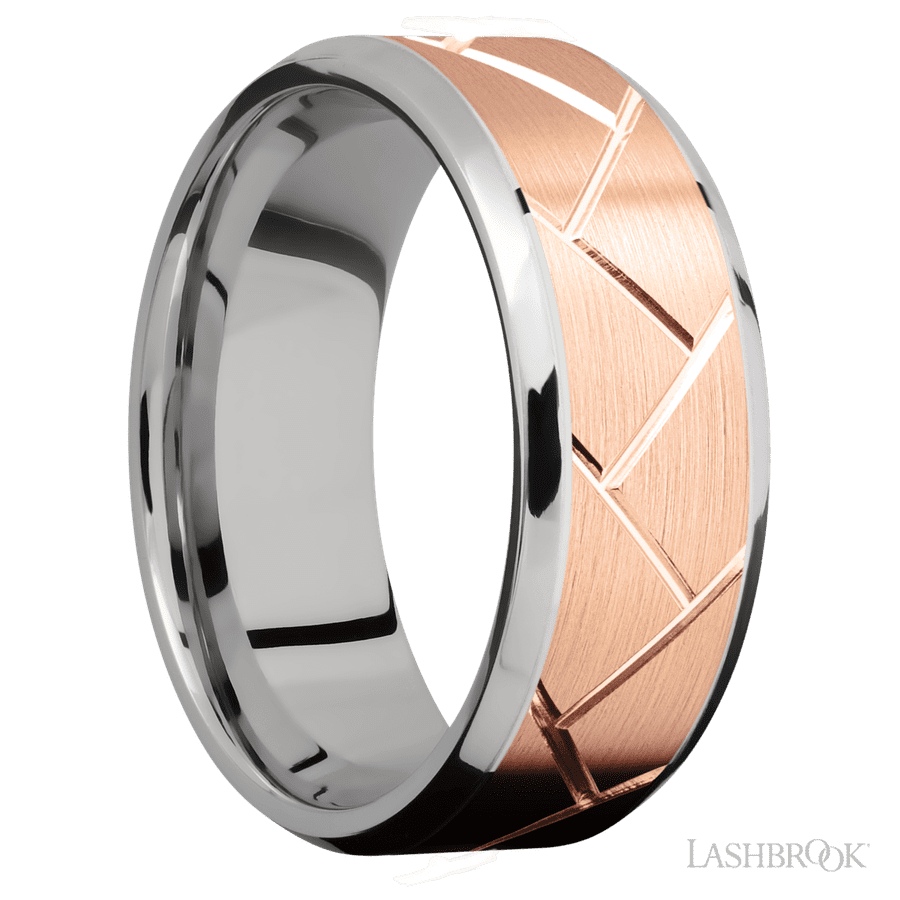 8 mm wide/Beveled/14K White Gold band with one 6 mm Centered inlay of 14K Rose Gold with a machined Flatweave pattern. view 2