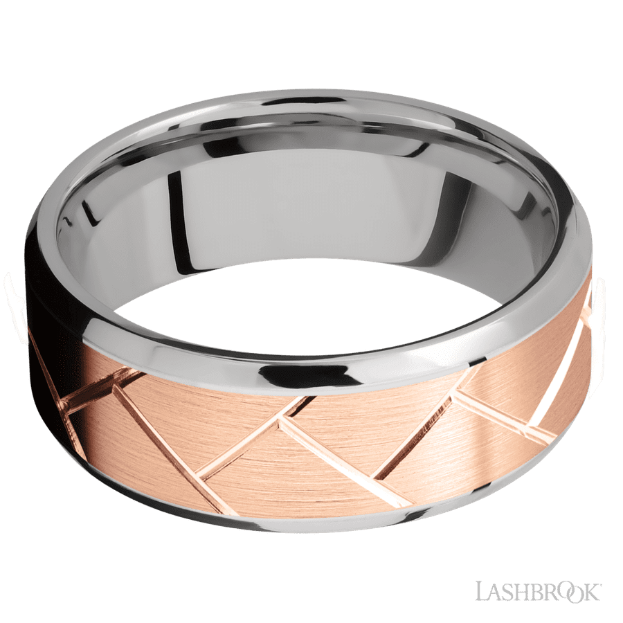8 mm wide/Beveled/14K White Gold band with one 6 mm Centered inlay of 14K Rose Gold with a machined Flatweave pattern. view 3