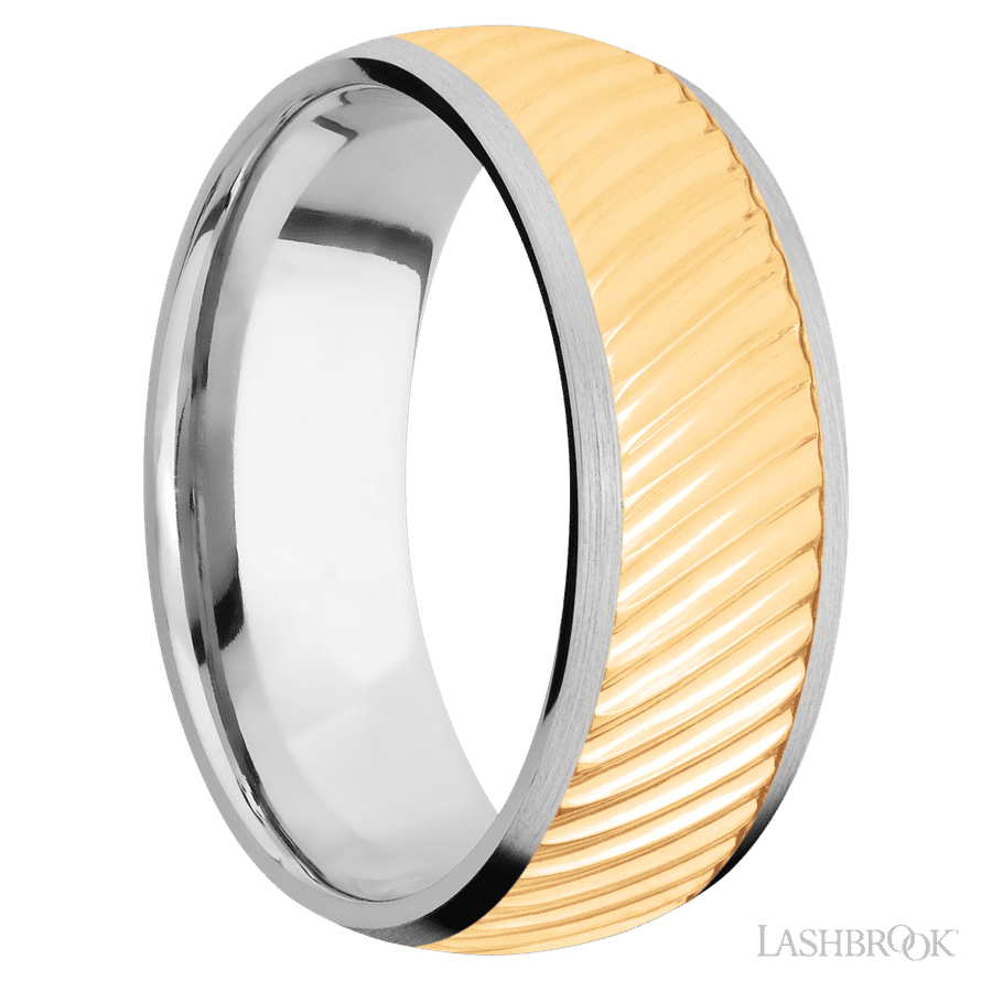 8 mm wide/Domed/14K White Gold band with one 6 mm Centered inlay of 14K Yellow Gold with a machined Ripple pattern. view 2