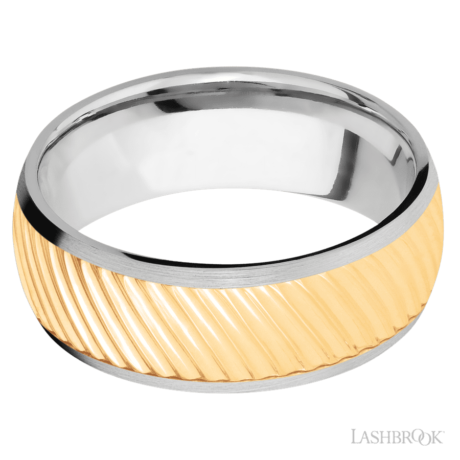 8 mm wide/Domed/14K White Gold band with one 6 mm Centered inlay of 14K Yellow Gold with a machined Ripple pattern. view 3