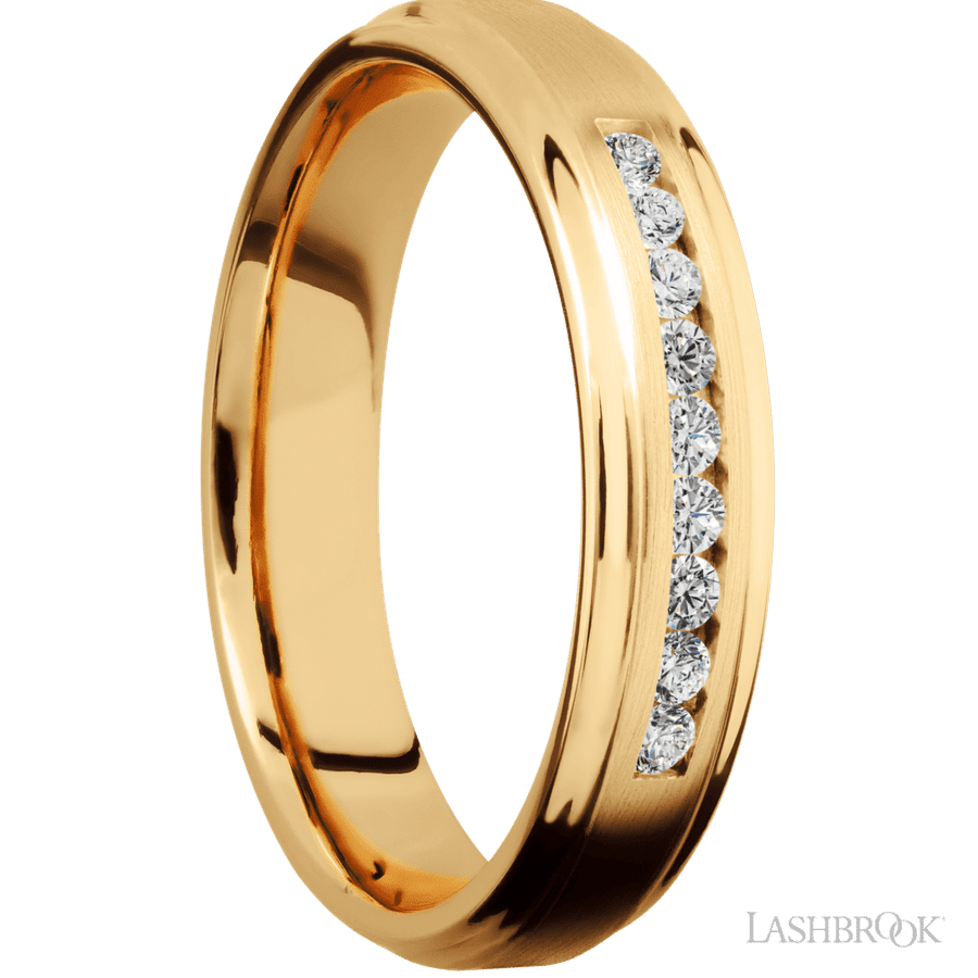 5 mm wide/Flat Grooved Edges/14K Yellow Gold band with an  arrangement of 9, .03 carat Round Diamond stones in a Channel setting. view 2