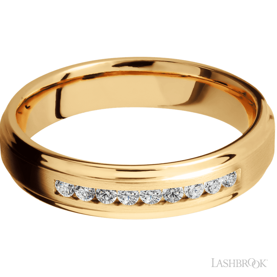 5 mm wide/Flat Grooved Edges/14K Yellow Gold band with an  arrangement of 9, .03 carat Round Diamond stones in a Channel setting. view 3
