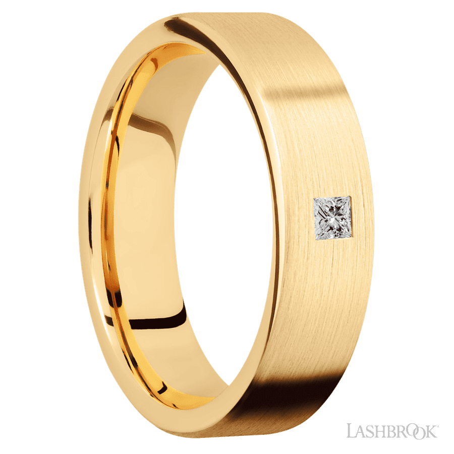 6 mm wide/Flat/14K Yellow Gold band with an  arrangement of 1, .1 carat Princess Diamond stones in a Flush setting. view 2