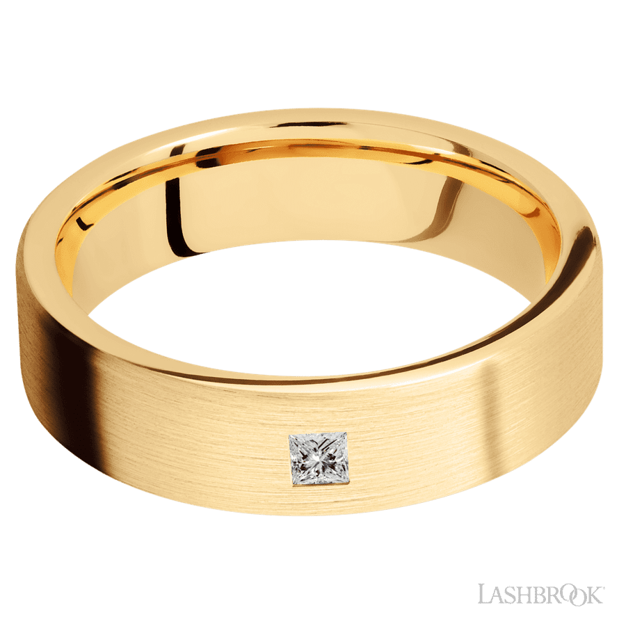 6 mm wide/Flat/14K Yellow Gold band with an  arrangement of 1, .1 carat Princess Diamond stones in a Flush setting. view 3
