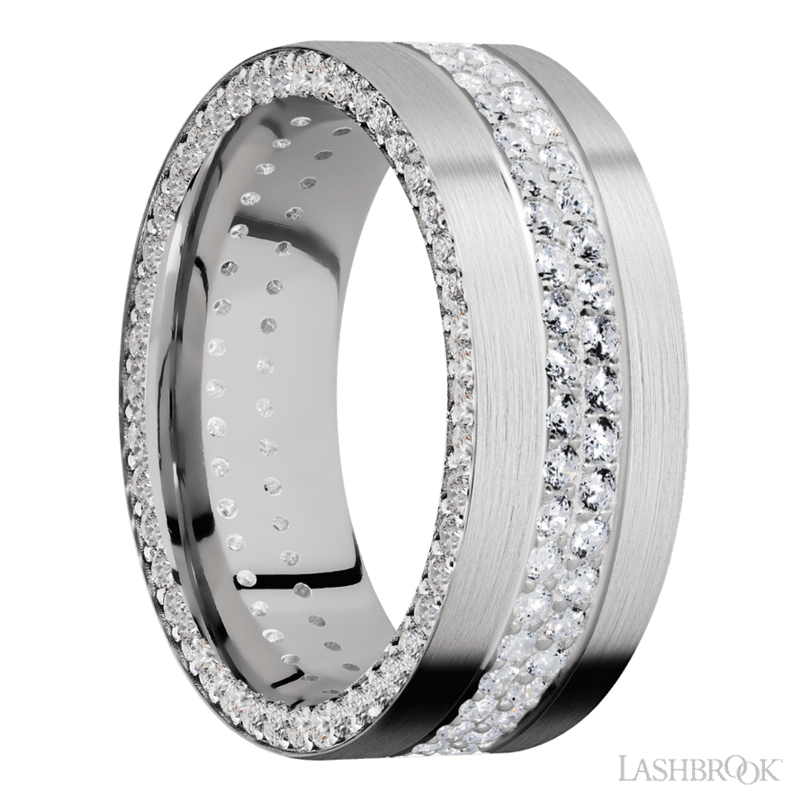 8 mm wide/Flat/14K White Gold band with a Side Eternity arrangement of .01 carat Round Diamond stones in a Bead Channel setting and featuring a a 2 Row Eternity arrangement of .015 carat Round Diamond stones in a Bead Channel setting view 2