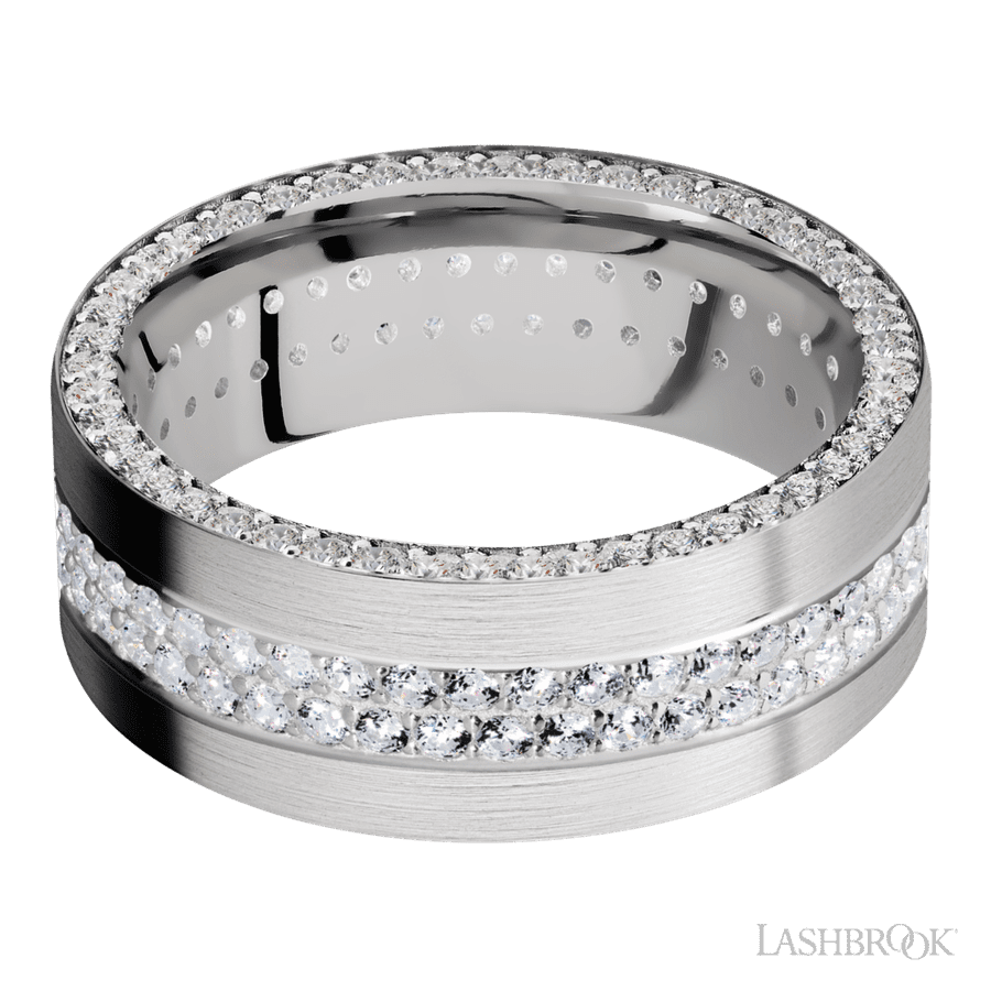 8 mm wide/Flat/14K White Gold band with a Side Eternity arrangement of .01 carat Round Diamond stones in a Bead Channel setting and featuring a a 2 Row Eternity arrangement of .015 carat Round Diamond stones in a Bead Channel setting view 3