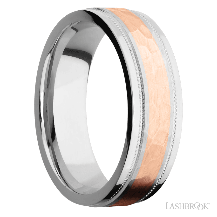 7 mm wide/Flat Stepped Edges Milgrain/Cobalt Chrome band with one 3 mm Centered inlay of 14K Rose Gold. view 2