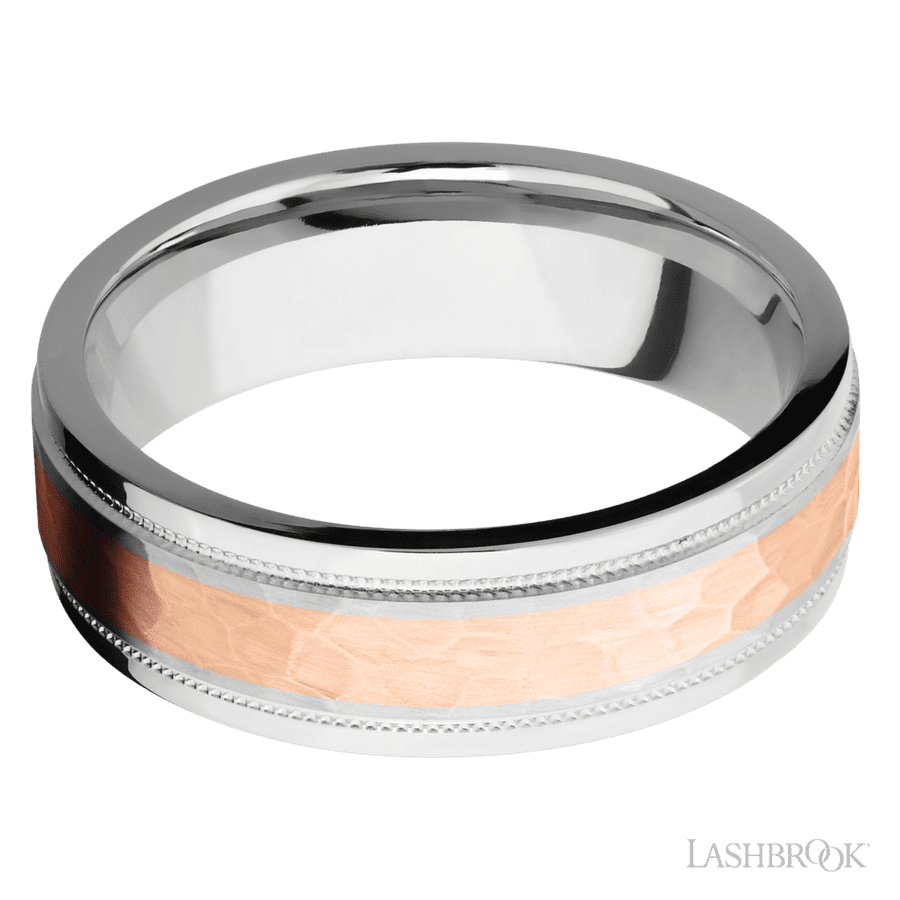 7 mm wide/Flat Stepped Edges Milgrain/Cobalt Chrome band with one 3 mm Centered inlay of 14K Rose Gold. view 3