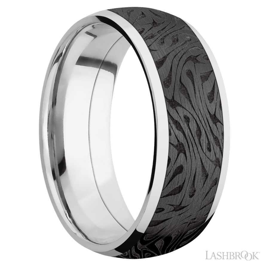 8 mm wide/Domed/Cobalt Chrome band with one 6 mm Centered inlay of Zirconium with a laser carved Escher 1 pattern. view 2