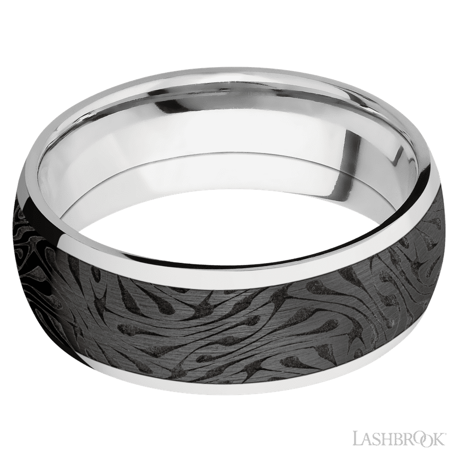 8 mm wide/Domed/Cobalt Chrome band with one 6 mm Centered inlay of Zirconium with a laser carved Escher 1 pattern. view 3