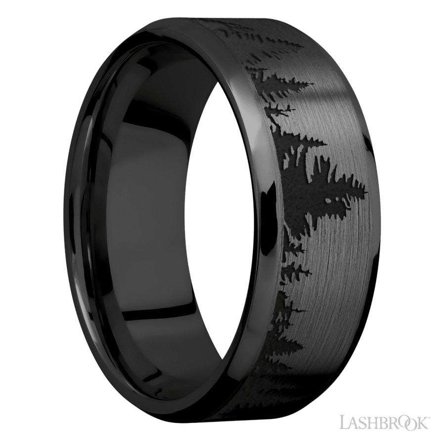 8 mm wide/Beveled/Zirconium band with a laser carved Trees pattern. view 2