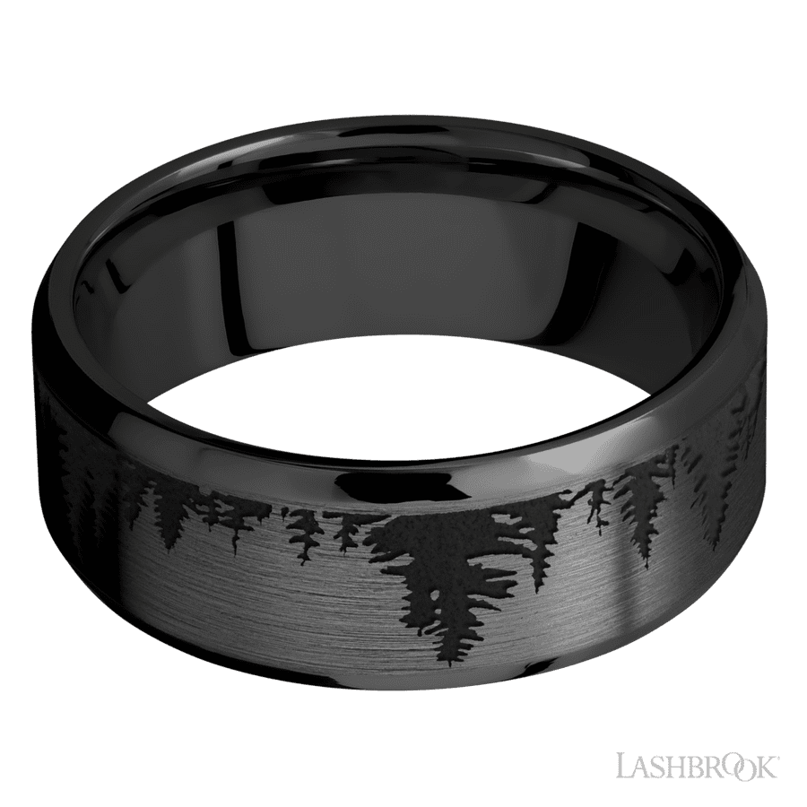 8 mm wide/Beveled/Zirconium band with a laser carved Trees pattern. view 3