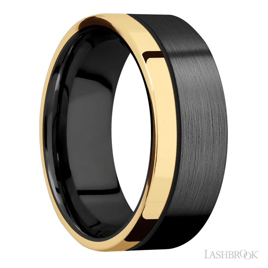8 mm wide/Flat/Zirconium band with one 2 mm Off Center Edge inlay of 14K Yellow Gold. view 2