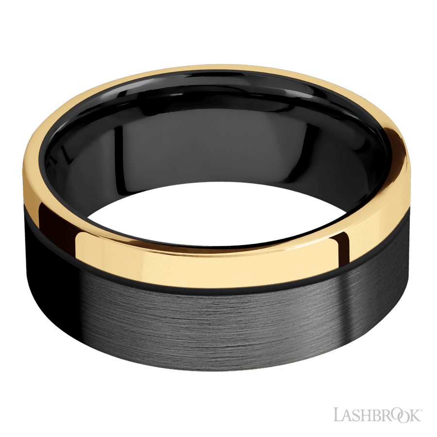8 mm wide/Flat/Zirconium band with one 2 mm Off Center Edge inlay of 14K Yellow Gold. view 3