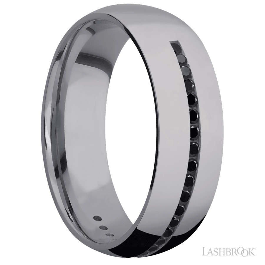 7 mm wide/Domed/Tantalum band with a Half Eternity arrangement of .015 carat Round Black Diamond stones in a Channel setting. view 2