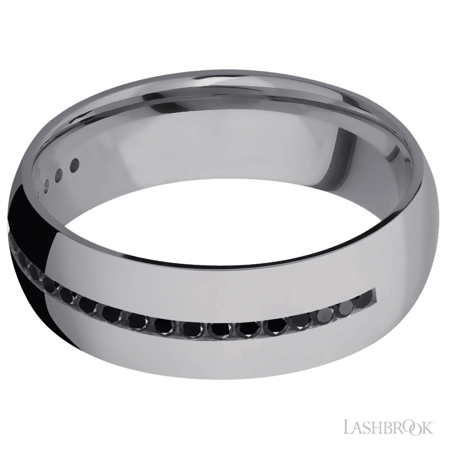 7 mm wide/Domed/Tantalum band with a Half Eternity arrangement of .015 carat Round Black Diamond stones in a Channel setting. view 3