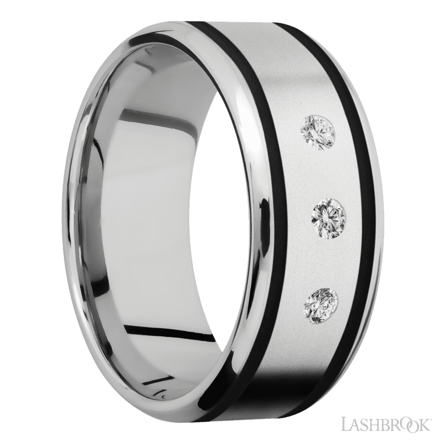 9 mm wide/Beveled/Cobalt Chrome band with  two 1 mm Wide inlays of Black and featuring an  arrangement of 3, .05 carat Round Diamond stones in a Flush setting view 2