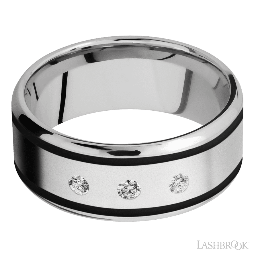 9 mm wide/Beveled/Cobalt Chrome band with  two 1 mm Wide inlays of Black and featuring an  arrangement of 3, .05 carat Round Diamond stones in a Flush setting view 3