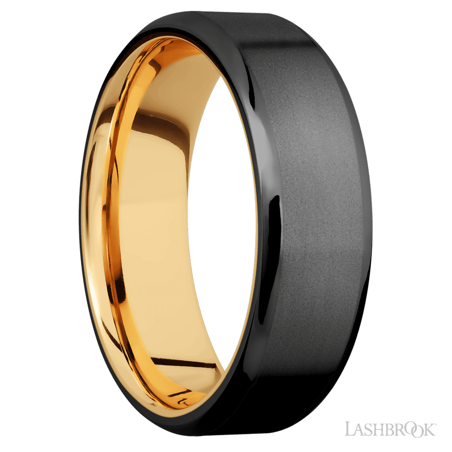 7 mm wide Beveled Zirconium band featuring a 14K Yellow Gold sleeve. view 2